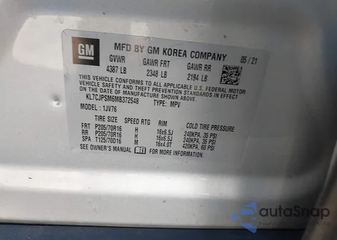 2021 Chevrolet Trax Awd Lt из США, поврежденный, VIN KL7CJPSM6MB372548